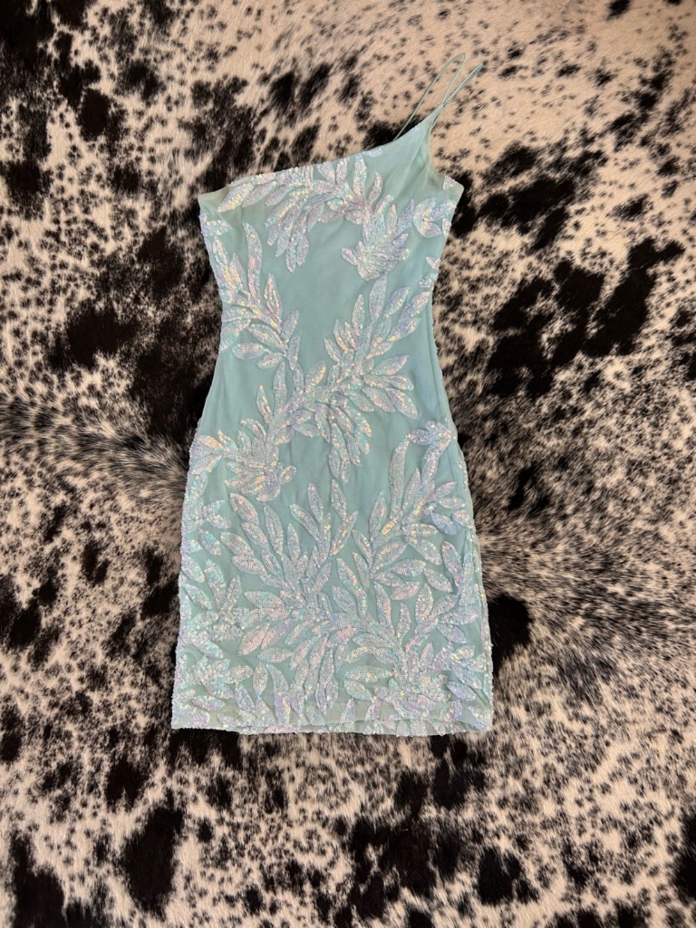 Windsor One-Shoulder Aqua Sequin Leaf Dress